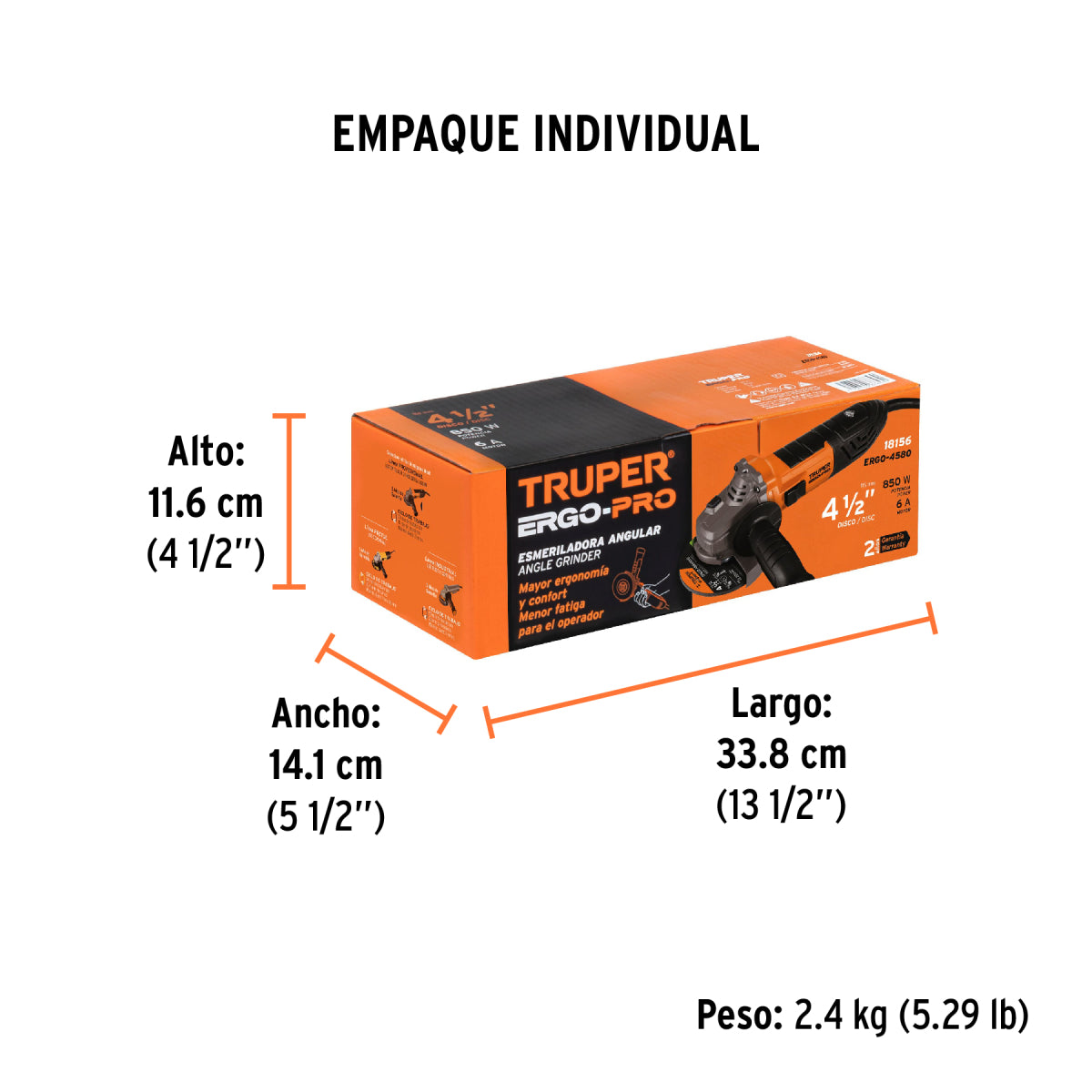Pulidora angular 4-1/2", 850W, TRUPER ERGO PRO