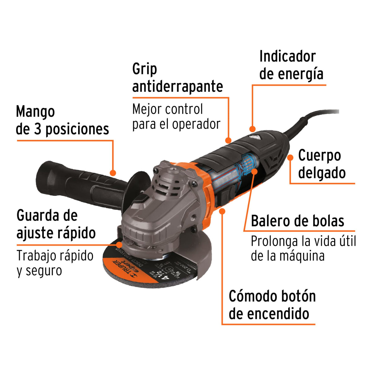Pulidora angular 4-1/2", 850W, TRUPER ERGO PRO