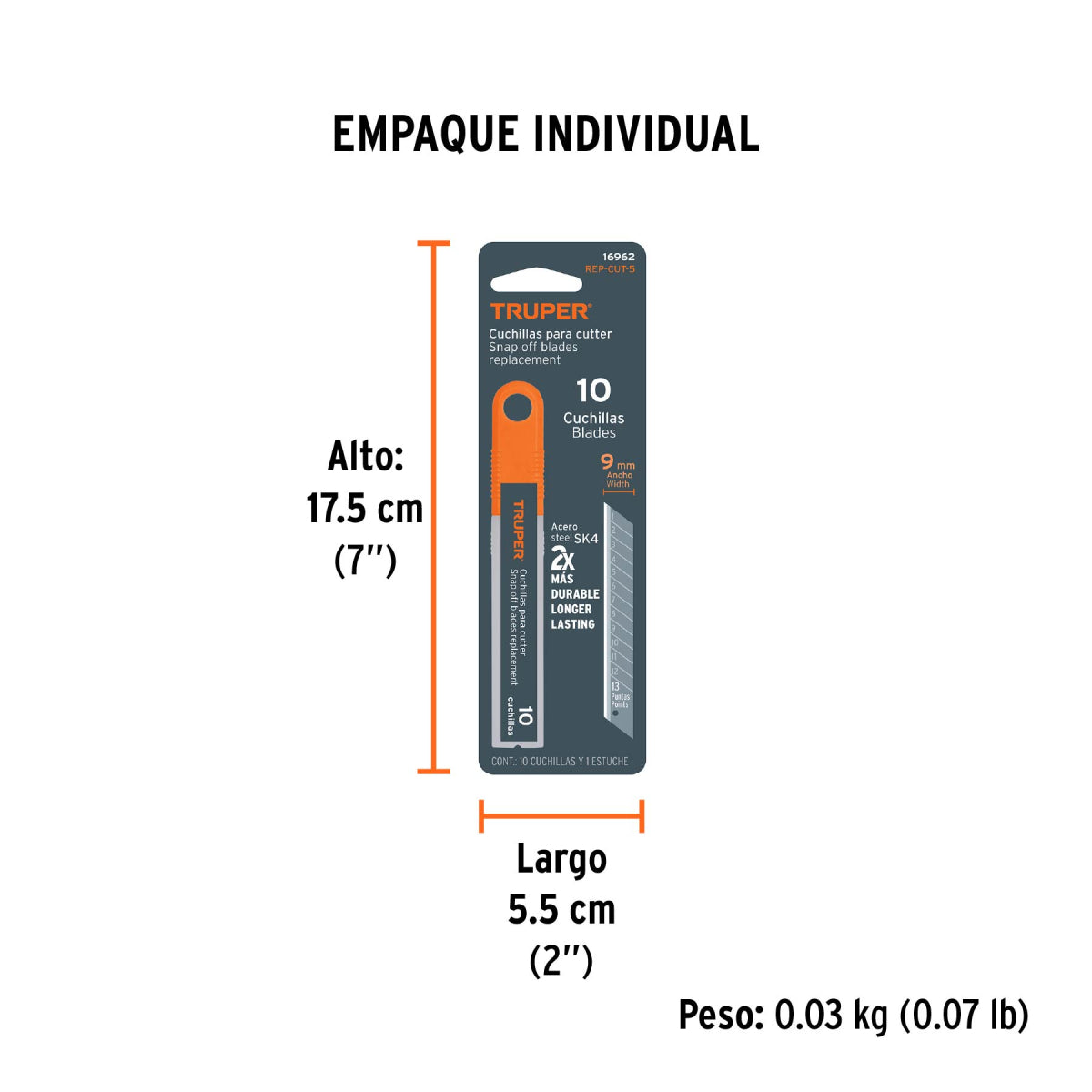Estuche con 10 cuchillas SK4 de 9 mm para cutter, Truper
